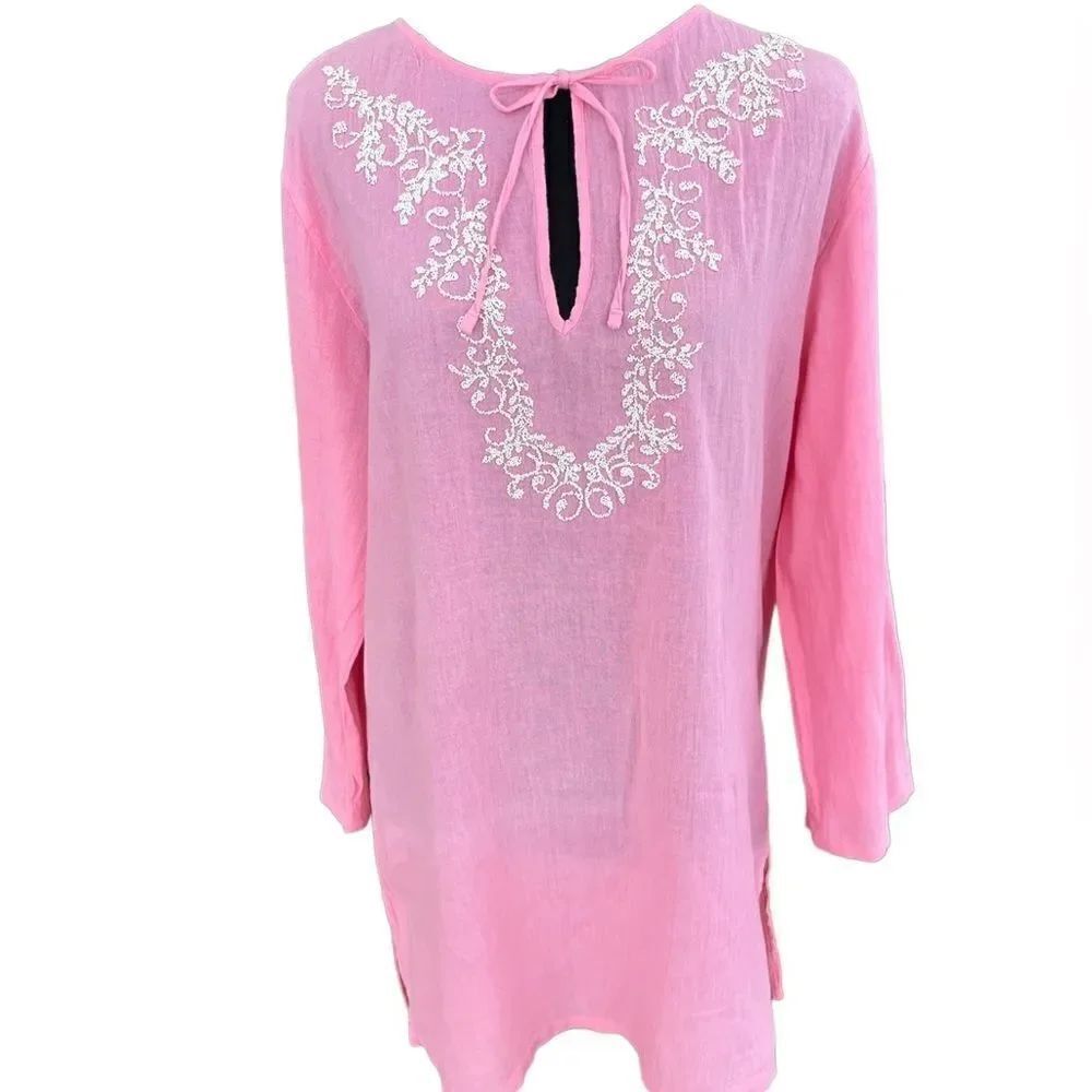 Talbots pink 100% cotton with bead accents, keyhole front with tie, size M